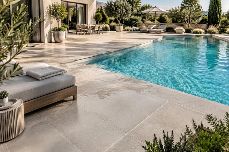 découvrez comment choisir un carrelage de terrasse adapté aux abords d’une piscine : antidérapant, résistant à l’eau et agréable au quotidien.